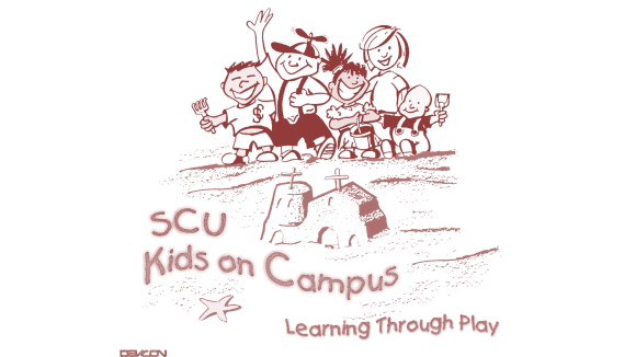 Illustrated SCU Kids on Campus logo featuring children and text Hands-ON/ Minds-ON Learning.