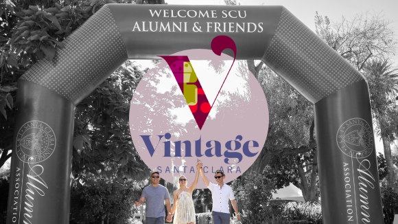 Two men and a woman holding hands underneath an inflatable arch reading Welcome SCU Alumni & Friends. Overlaid is a logo reading Vintage Santa Clara. 