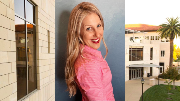 A smiling woman in a pink collared shirt, superimposed over an image of SCUs Lucas Hall