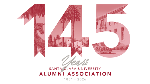 Text reads 145 Years / Santa Clara / University Alumni Association / 1881 - 2026. The 145 is in large red font made up of several photos from the Santa Clara University campus.