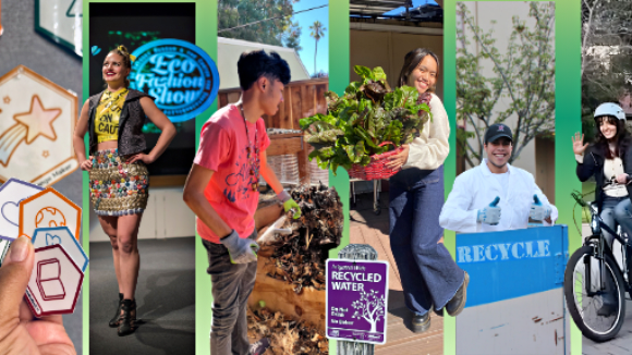 6 overlapping panels: one of several badges with eco designs on them, one with a student model at an Eco Fashion Show, one of a student mulching leaves, one of a student holding a basket of produce, one of a student by a recycle bin, and one of a student wearing a helmet and sitting on a bicycle.