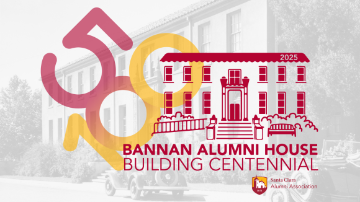 A red outline drawing of a building with the numbers 50 and 100 to the left and 2025 written on the roofline. Text underneath reads Bannan Alumni House Building Centennial with the Santa Clara Alumni Association logo to the bottom right. 