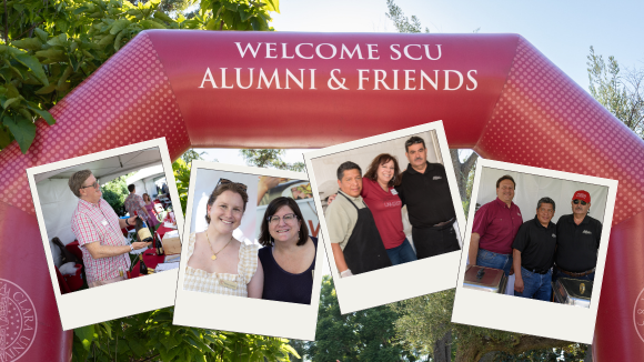 Four photos from Vintage Santa Clara of alumni vendors in polaroid style frames. Behind the polaroid images is a picture of a large red blow-up arch reading Welcome SCU Alumni & Friends.