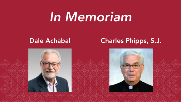 Text reads In Memoriam. Dale Achabal. Charles Phipps, S.J. Under each name is a picture of an older, smiling man.