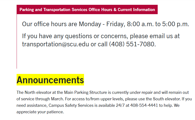 Located on the homepage of Parking and Transportation you will find the most up to date announcements.