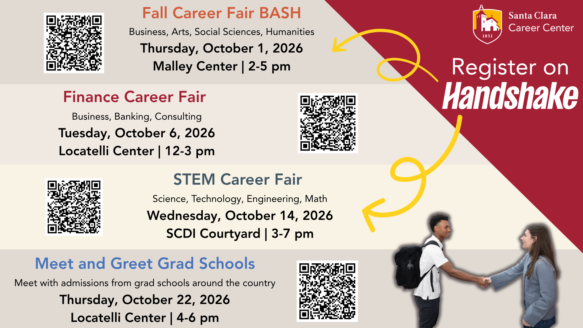 Fall Career Fairs, dates and times, and picture of two people shaking hands