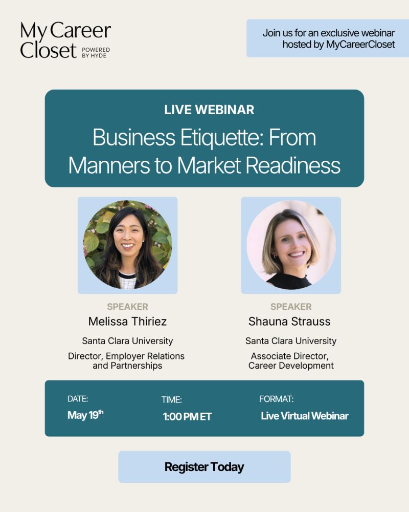 Flyer of MyCareerCloset webinar details with panelist headshots