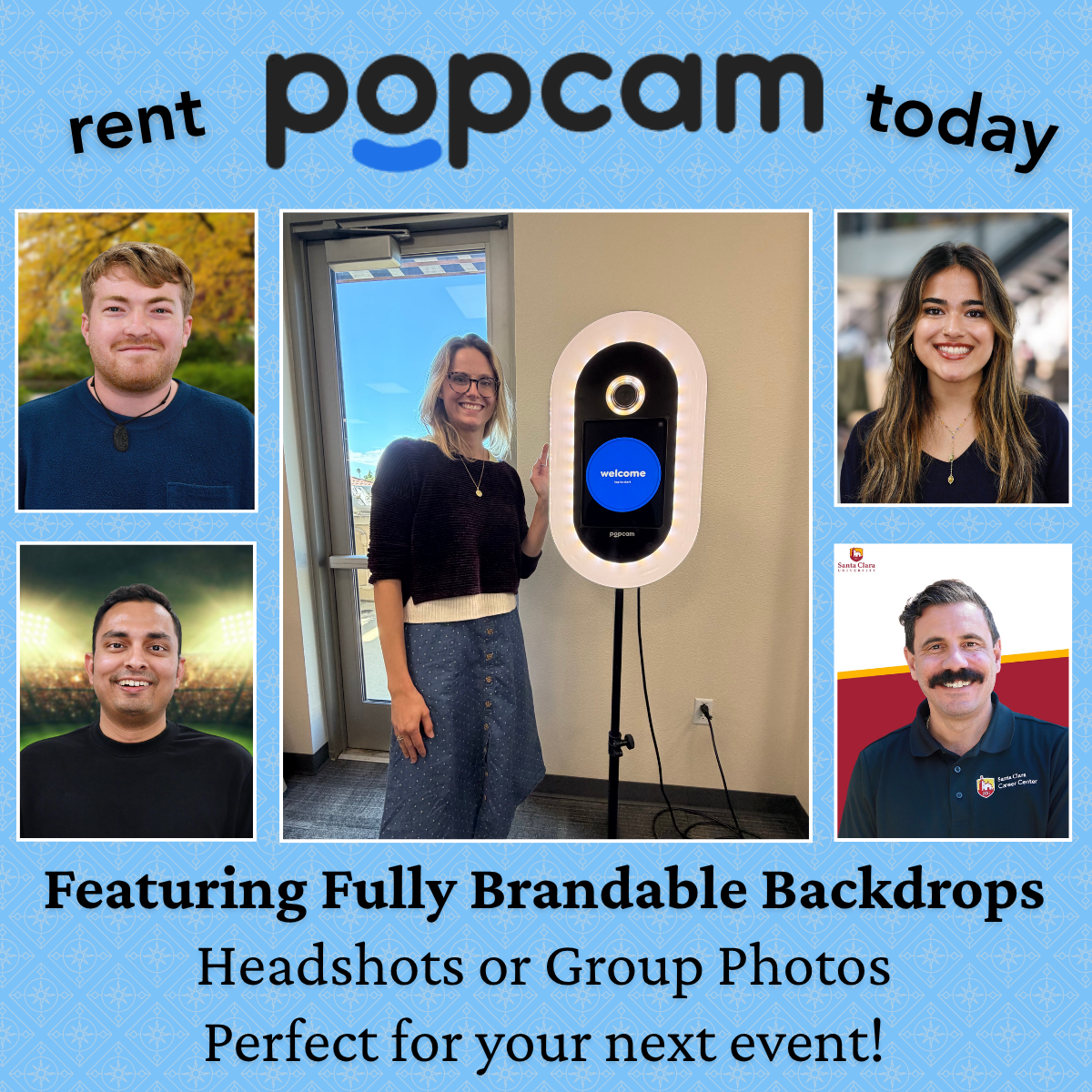 Rent Popcam Today with four headshots and picture of woman with Popcam device