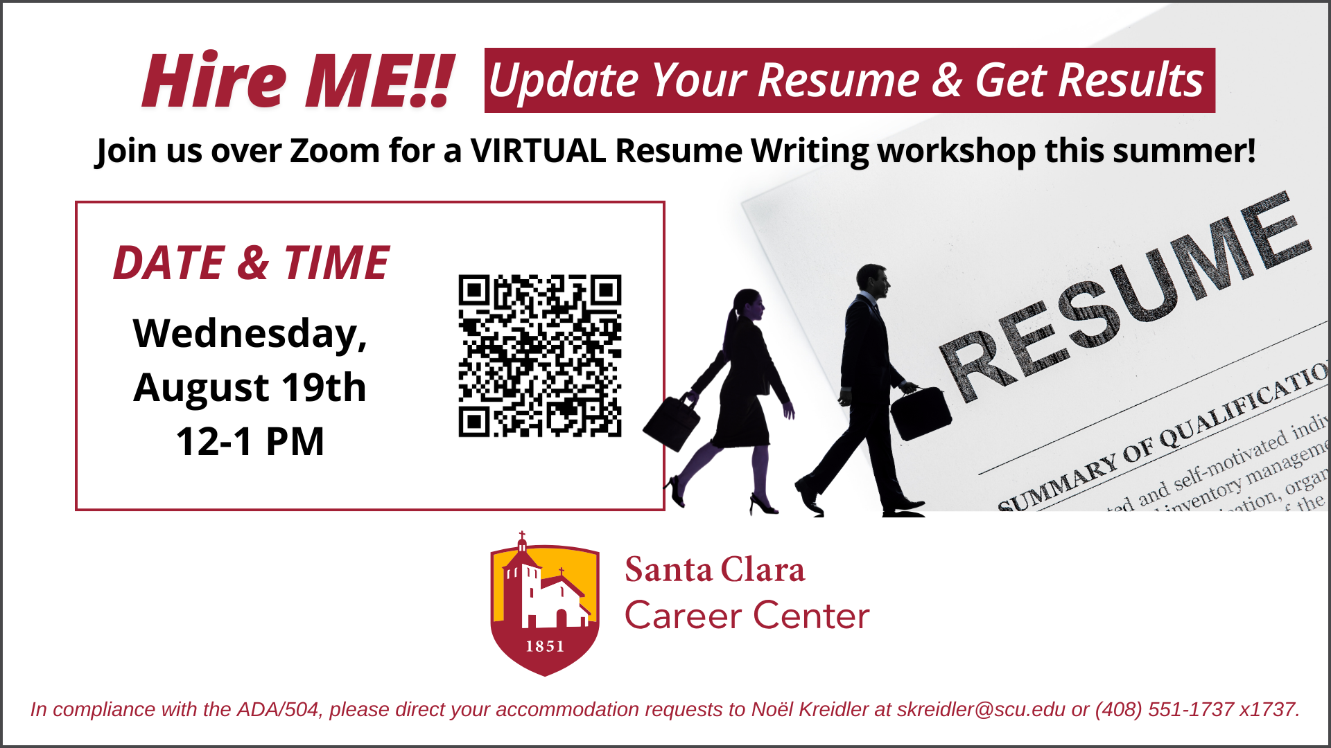 Event flyer: Hire Me! Update Your Resume and Get Results with date, time, QR code, Career Center logo, and image of two people in shadow walking with briefcases