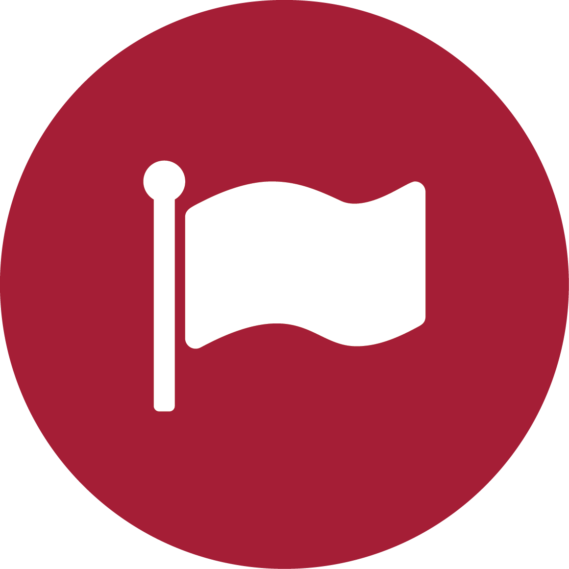 Icon of a white flag on a red circular background.
