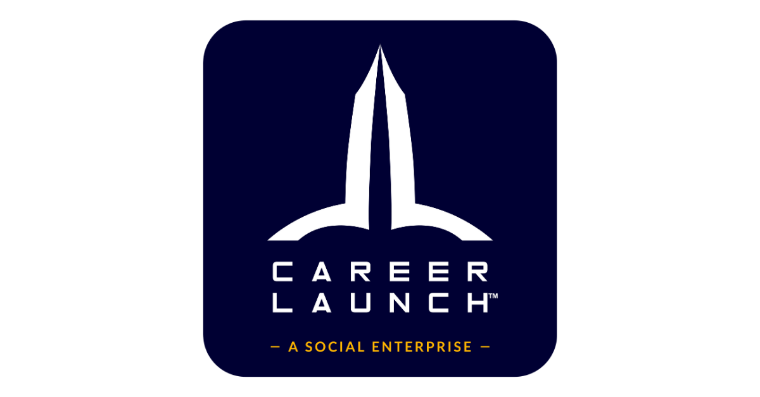 Logo featuring stylized rocket with text Career Launch below it.