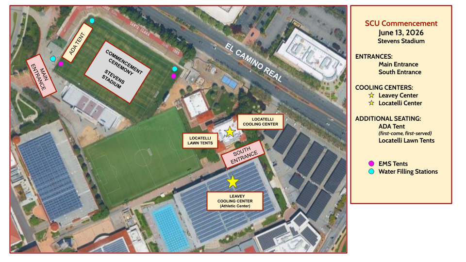 Campus map showing location of Commencement cooling centers.
