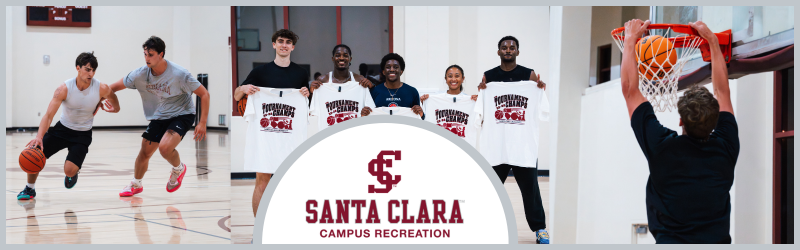 Two boys playing basketball, team posed with intramurals shirts, and boy dunking basketball into basket