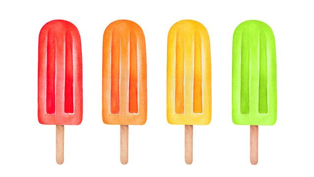 Four popsicles, red, orange, yellow, green
