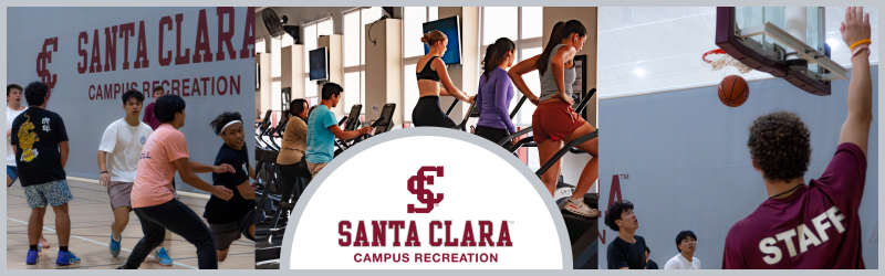 Two images of basketball games, and one image of individuals using cardio machines in the weight room