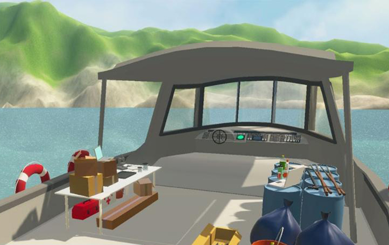 A virtual reality screengrab from a boat on the water 