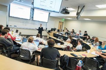 Theresa Strickland teaching a BUSN 70 course in Lucas Hall.