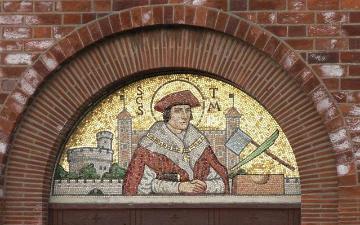Mosaic tympanum over the main door of the Roman Catholic church of St Thomas More, Exton Road, Iford, Bournemouth image link to story