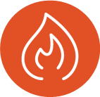 Icon of a white flame on an orange circle background.