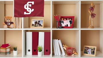 Shelves with assorted items and a red banner displaying SCU.