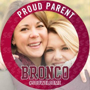 Two individuals with text reading 'Proud Parent, Bronco Orientation' in a circular frame.