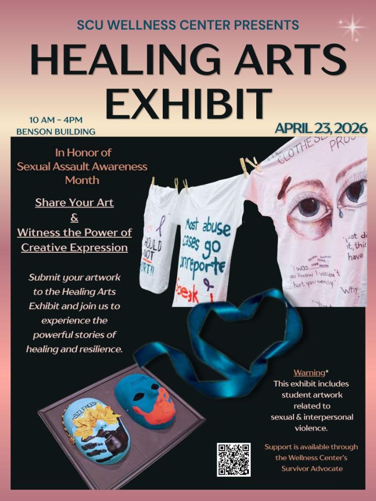Flyer for healing arts exhibit and there's t-shirts on a clothesline and painted masks with further details