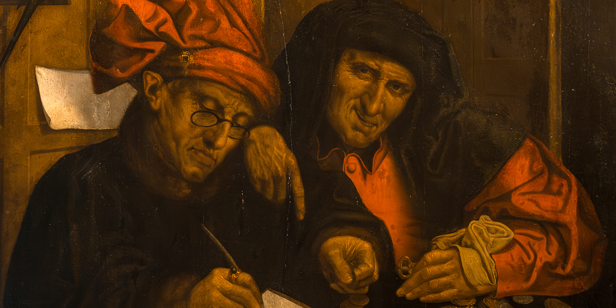 Painting of two men from the Renaissance era look over financial books, one looking directly at the viewer. 