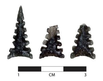 Three obsidian arrowheads with a scale for measurement. image link to story