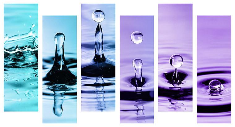 Amir Attia Rhythm artwork: photography on fabric, six vertical panels in blue and purple tones.