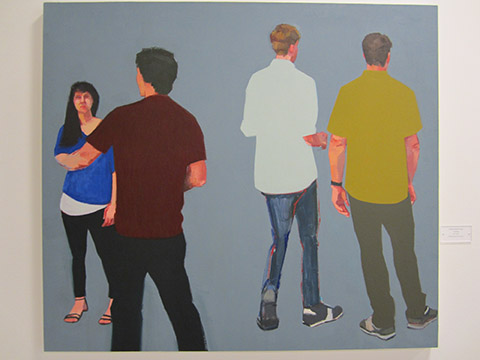 Painting of four people standing and conversing against a grey background.