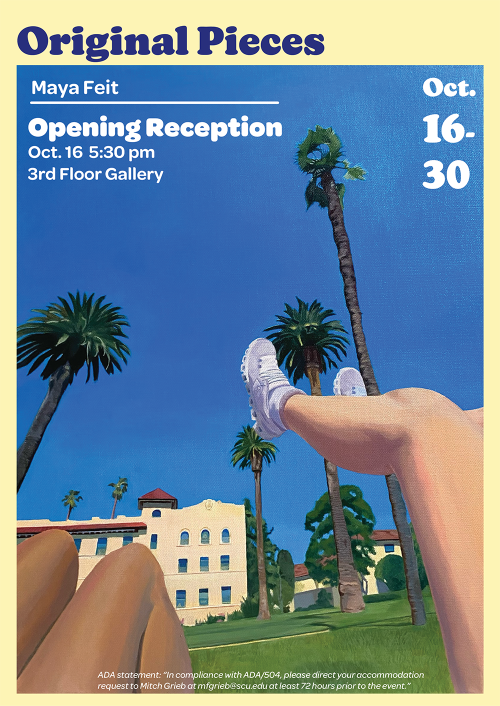 students reclined legs in a backdrop of adobe buildings, palm trees and clear blue sky