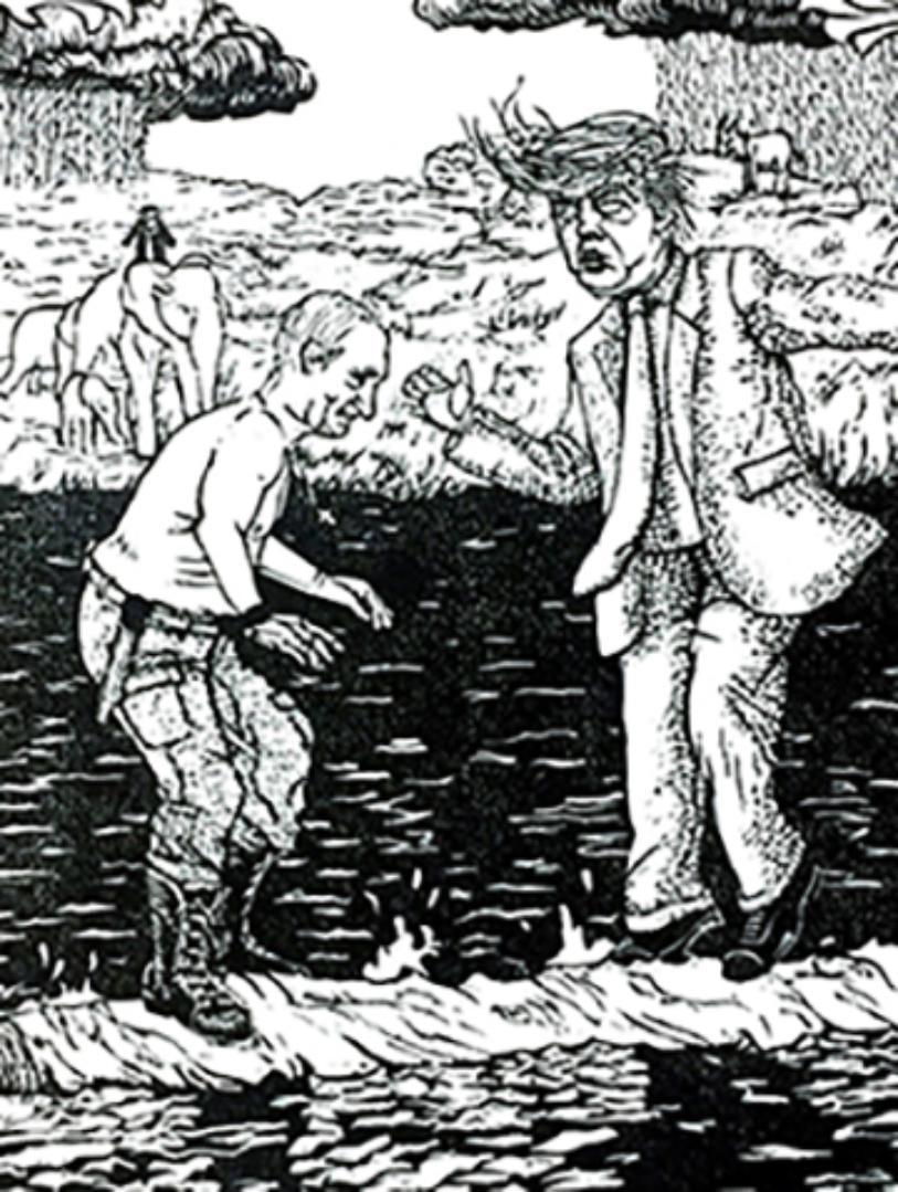 Two people standing near a body of water, one dressed formally. 

