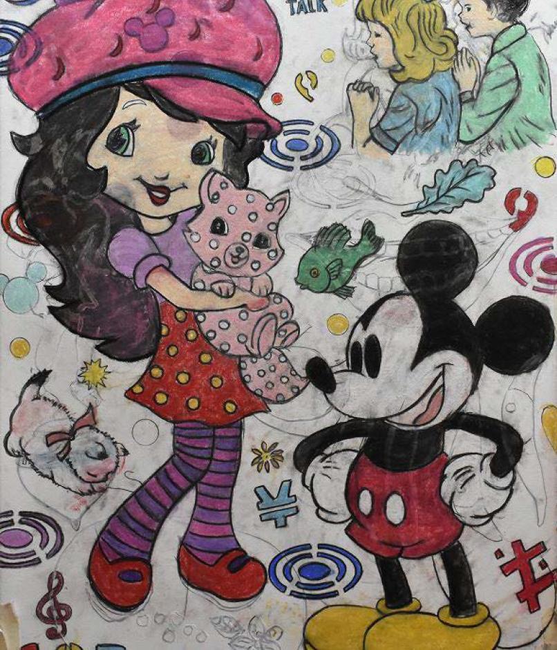 A girl holding a cat with Mickey Mouse in the background. image link to story