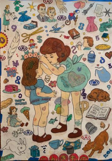 Colorful mixed media artwork by Don Fritz depicting a family.