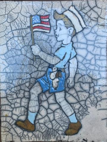 Boy in blue outfit holding American flag in mosaic-style ceramic artwork.