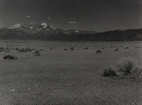Black and white photograph of a wild open field with a mountain in the background