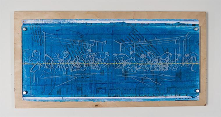 One of Ciaran’s pieces produced as a Recology Artist in Residence: “Dad Working,” Laser-engraved acrylic on blueprint paper, printer toner, drywall tape and plywood. image link to story