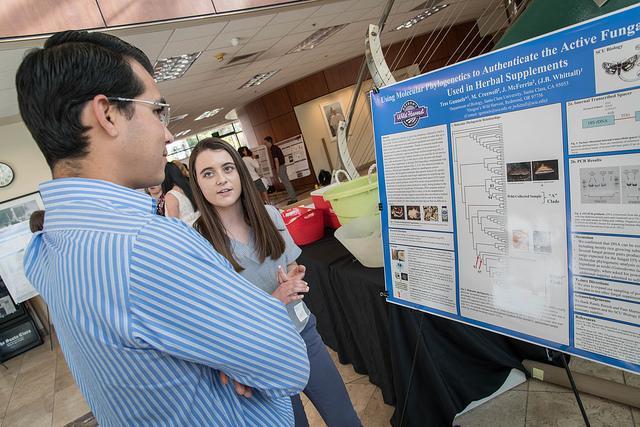 Two people discussing a phylogenetics poster at an academic event. image link to story