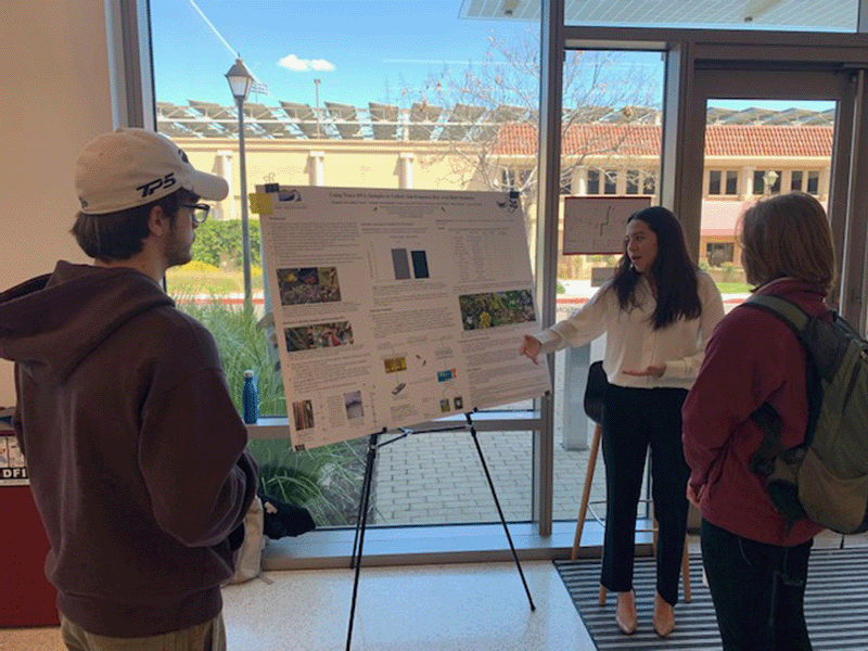 A student explains her research to attendees