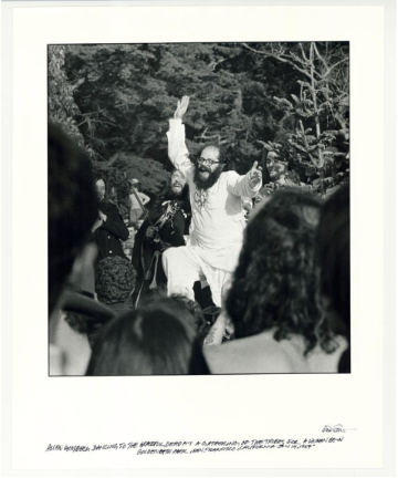 Poet Allen Ginsberg dancing at the Human Be-In in Golden Gate Park, 1967