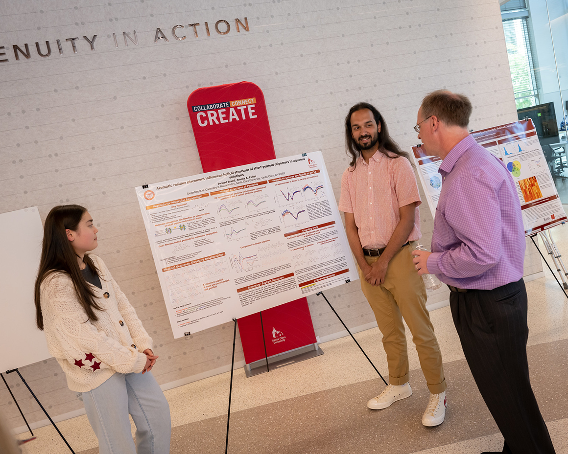 Jwwad Javed discussed his research with Chemistry and Biochemistry professor Steve Suljak