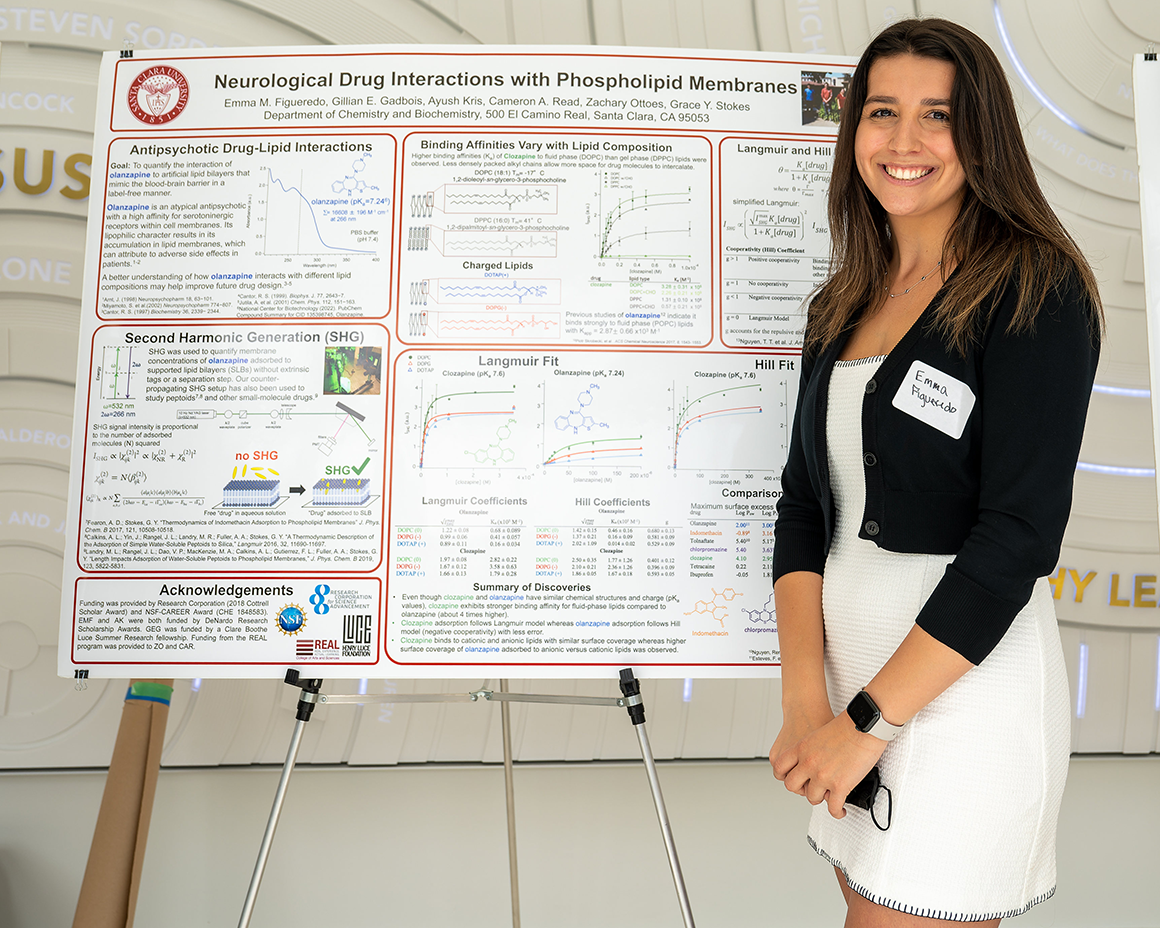 A student from Grace Stokes lab standing next to her research poster.