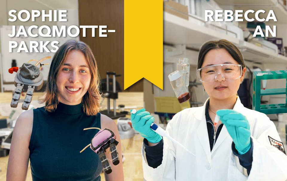 2 female students holding chemistry equipment and standing behind a lab bench image link to story