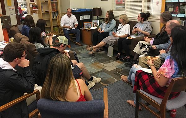 Students moderated by Paul Schutz and Karen Peterson-Iyer discussing religious studies Conversation: Victor, Victim, Survivor