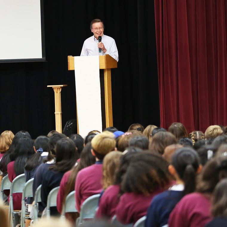 Francisco Jimenez addresses the Notre Dame HS San Jose students image link to story