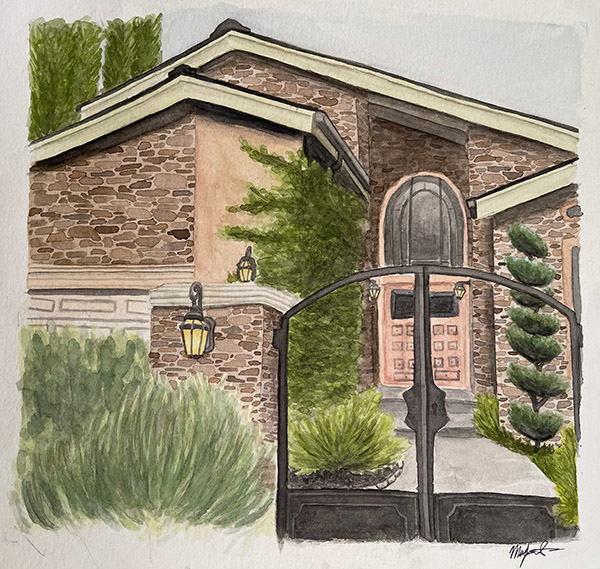 Watercolor painting of the exterior of a house with lots of bricks plants and a gate
