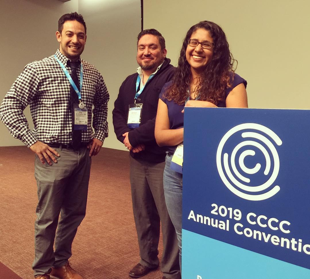 Cruz Medina presenting with Perla Luna at CCCC 2019 conference. From left to right: Cruz, Enrique Reynoso (University of Washington, Bothell), and Perla Luna.