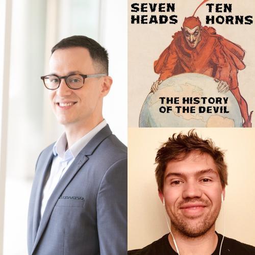 Travis Stevens with Klaus Yoder and their podcast cover Seven Heads Ten Horns