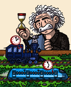 cartoon Einstein timing different trains
