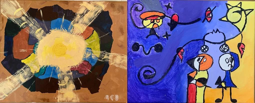 Two art pieces side by side the left mainly yellow and earth tones with the right blue seemingly day and night
